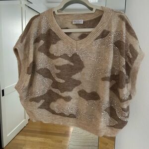 Brunello Cucinelli Beige and Brown V-Neck Sweater